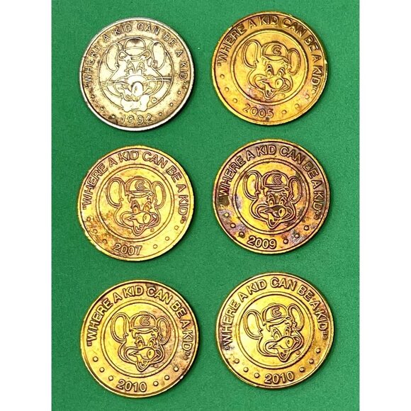 Lot 6 CHUCK E. CHEESE 1992-2010 Arcade GAME TOKENS Where A Kid Can Be A Kid - Picture 2 of 2